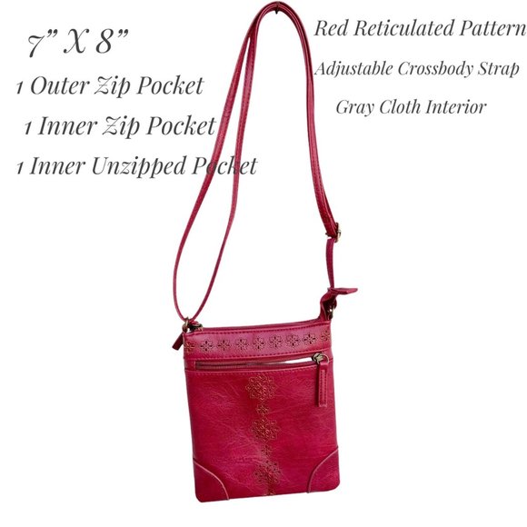 Red Crossbody Bag With Gold Floral Cutouts Adjustable Strap 7" X 8" Outer Zip Po - Picture 3 of 7